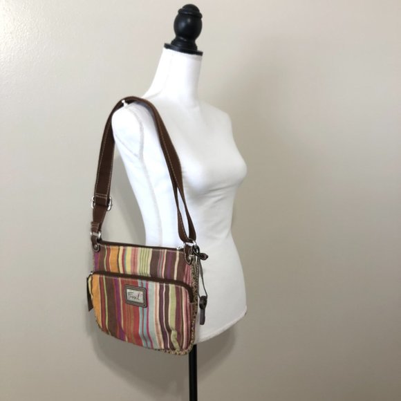 Fossil Multicolor Canvas Purse Handbag Boho Striped Shoulder CrossBody Bag - Picture 2 of 10